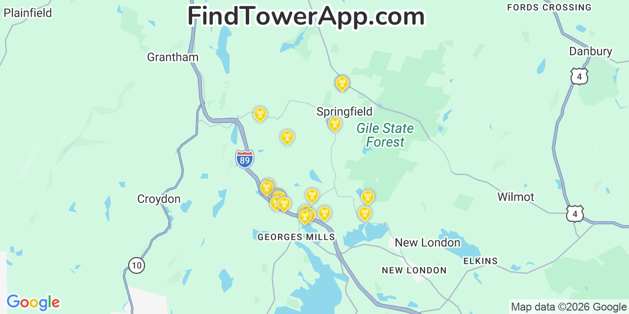 Map showing the 20 primary cell tower locations detected in Springfield, New Hampshire from AT&T, Verizon, and T-Mobile networks