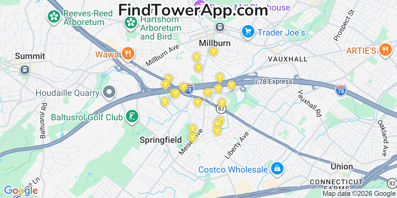 Map showing the 20 primary cell tower locations detected in Springfield, New Jersey from AT&T, Verizon, and T-Mobile networks