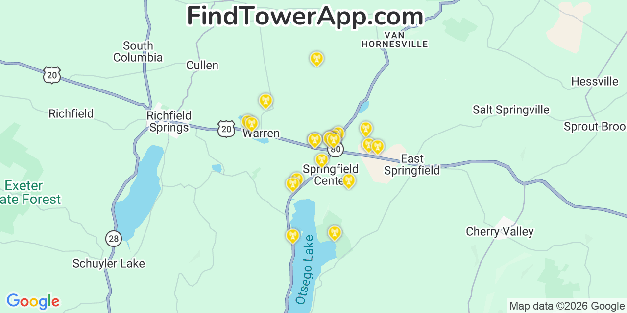 Map showing the 20 primary cell tower locations detected in Springfield, New York from AT&T, Verizon, and T-Mobile networks