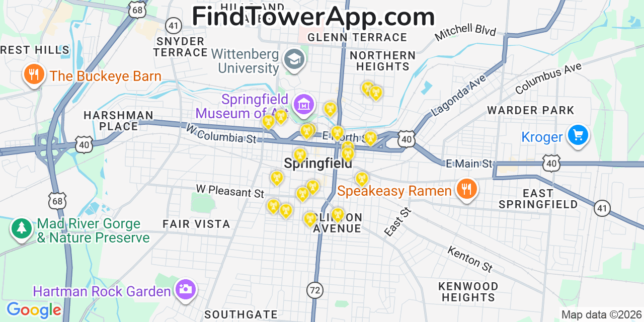 Map showing the 20 primary cell tower locations detected in Springfield, Ohio from AT&T, Verizon, and T-Mobile networks