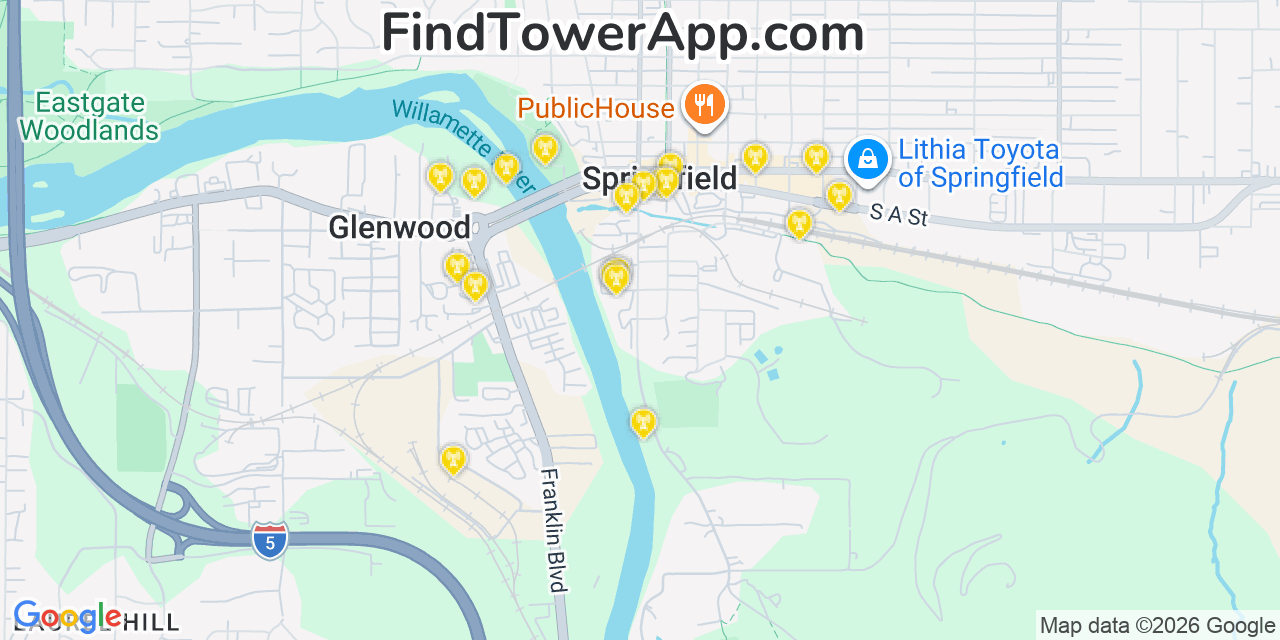 Map showing the 20 primary cell tower locations detected in Springfield, Oregon from AT&T, Verizon, and T-Mobile networks
