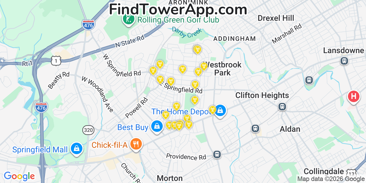 Map showing the 20 primary cell tower locations detected in Springfield, Pennsylvania from AT&T, Verizon, and T-Mobile networks