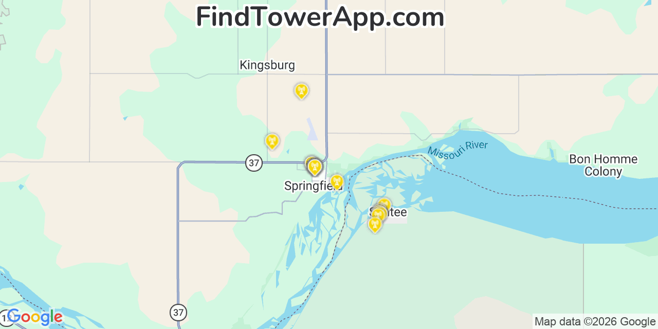 Map showing the 20 primary cell tower locations detected in Springfield, South Dakota from AT&T, Verizon, and T-Mobile networks
