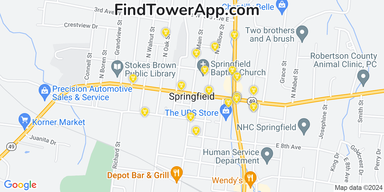 AT&T 4G/5G cell tower coverage map Springfield, Tennessee