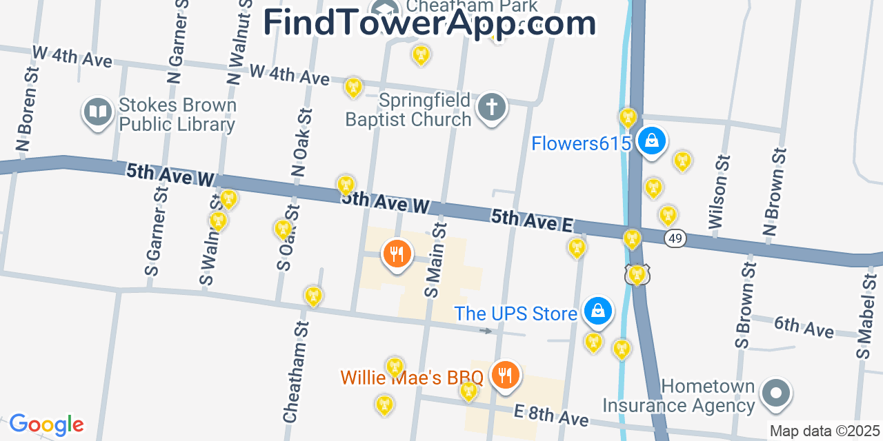 Map showing the 20 primary cell tower locations detected in Springfield, Tennessee from AT&T, Verizon, and T-Mobile networks