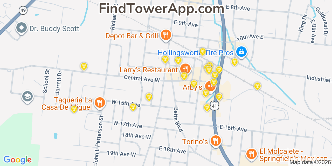 Map showing the 20 primary cell tower locations detected in Springfield, Tennessee from AT&T, Verizon, and T-Mobile networks