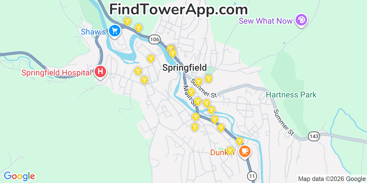 Map showing the 20 primary cell tower locations detected in Springfield, Vermont from AT&T, Verizon, and T-Mobile networks