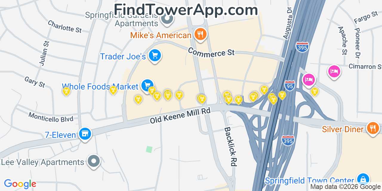 Map showing the 20 primary cell tower locations detected in Springfield, Virginia from AT&T, Verizon, and T-Mobile networks