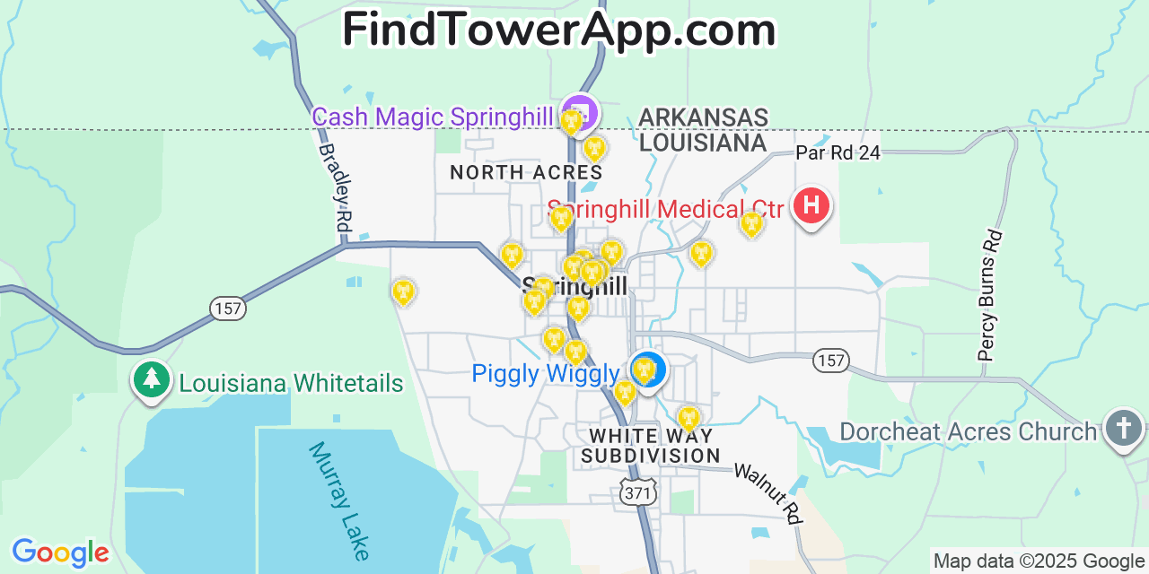 Map showing the 20 primary cell tower locations detected in Springhill, Louisiana from AT&T, Verizon, and T-Mobile networks