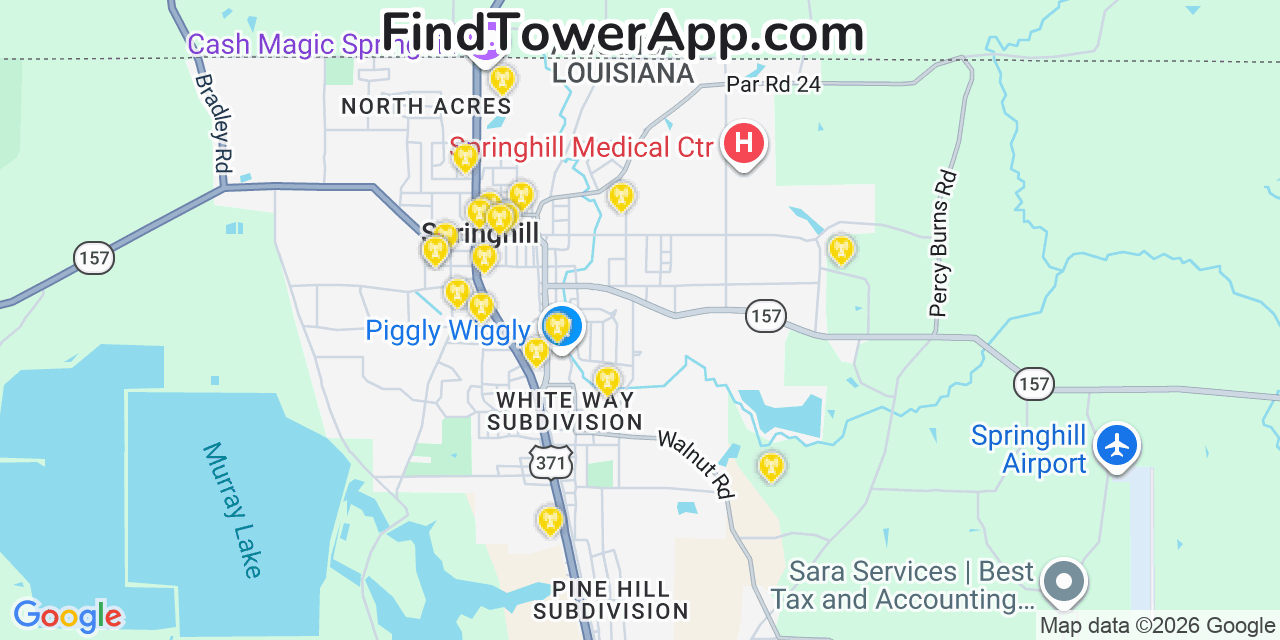 Map showing the 20 primary cell tower locations detected in Springhill, Louisiana from AT&T, Verizon, and T-Mobile networks