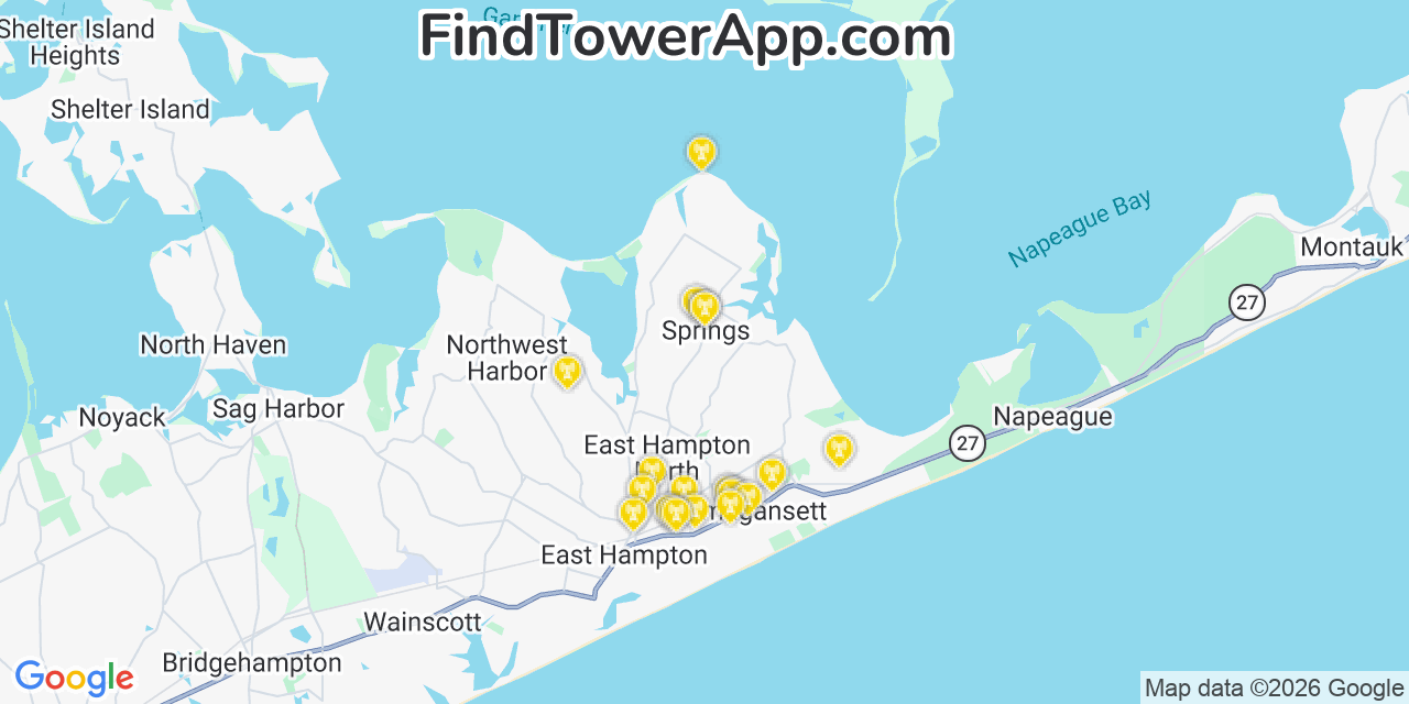 Map showing the 20 primary cell tower locations detected in Springs, New York from AT&T, Verizon, and T-Mobile networks