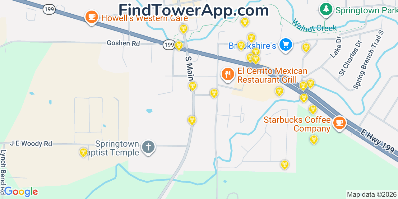 Map showing the 20 primary cell tower locations detected in Springtown, Texas from AT&T, Verizon, and T-Mobile networks