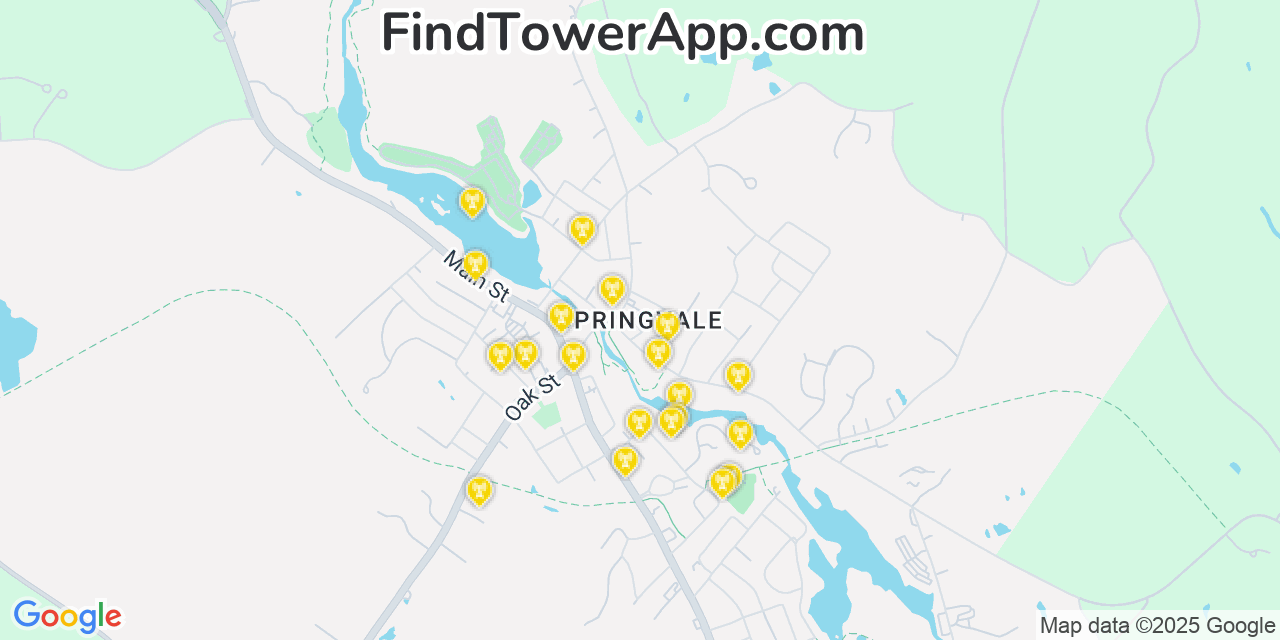 Map showing the 20 primary cell tower locations detected in Springvale, Maine from AT&T, Verizon, and T-Mobile networks