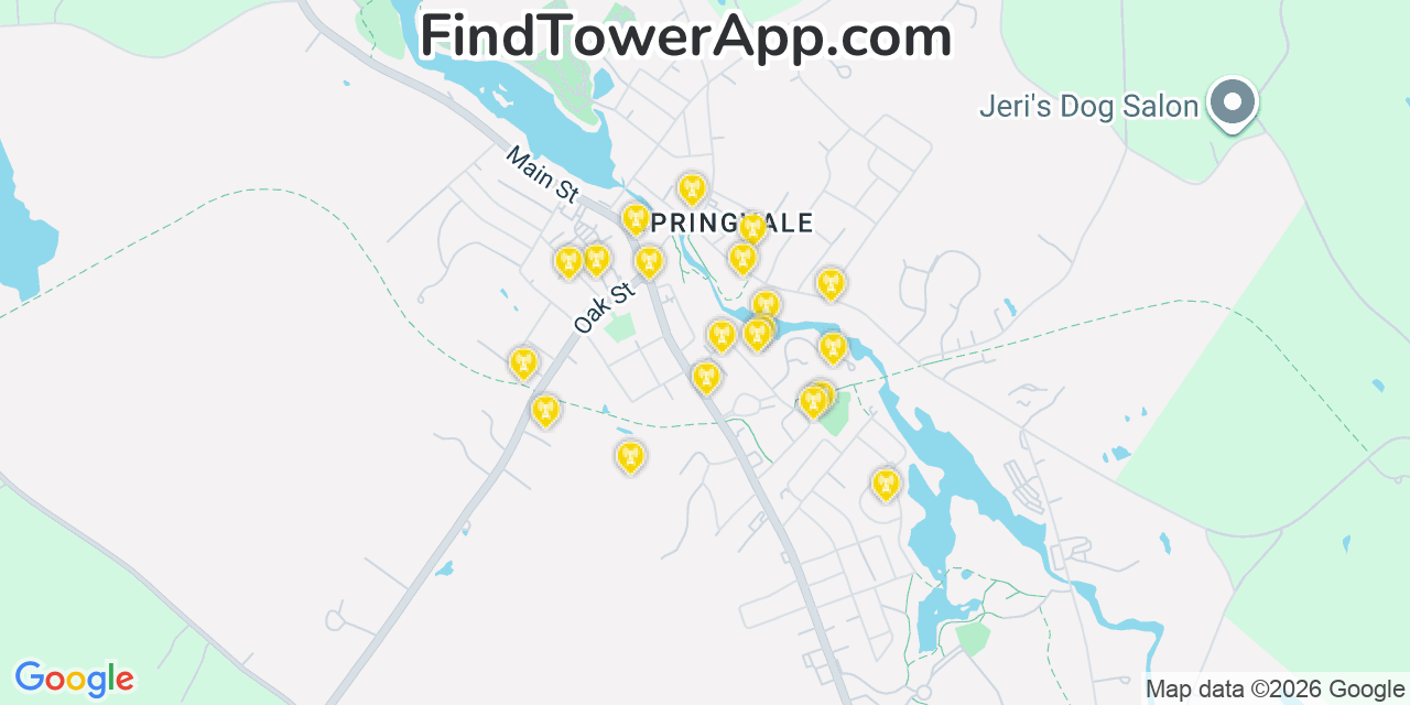 Map showing the 20 primary cell tower locations detected in Springvale, Maine from AT&T, Verizon, and T-Mobile networks