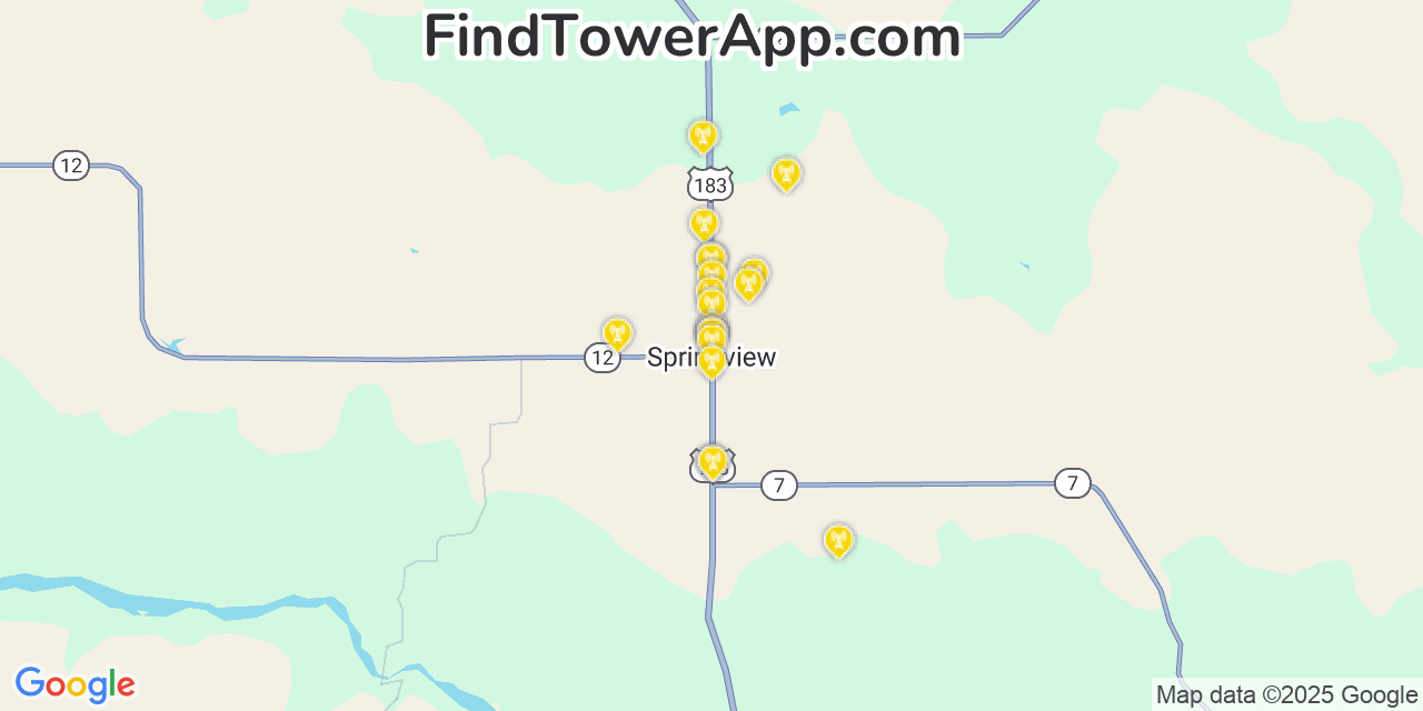 Map showing the 20 primary cell tower locations detected in Springview, Nebraska from AT&T, Verizon, and T-Mobile networks