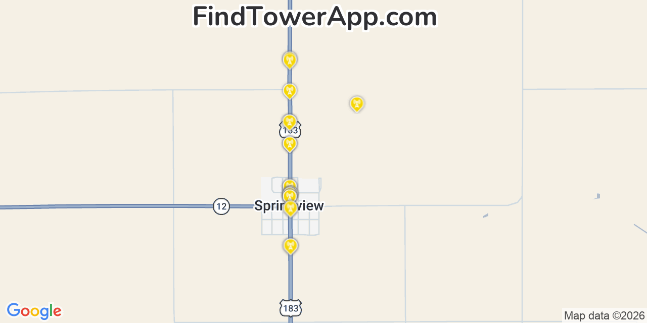 Map showing the 20 primary cell tower locations detected in Springview, Nebraska from AT&T, Verizon, and T-Mobile networks
