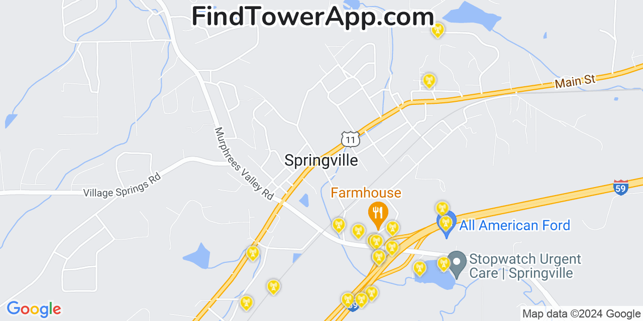 AT&T 4G/5G cell tower coverage map Springville, Alabama