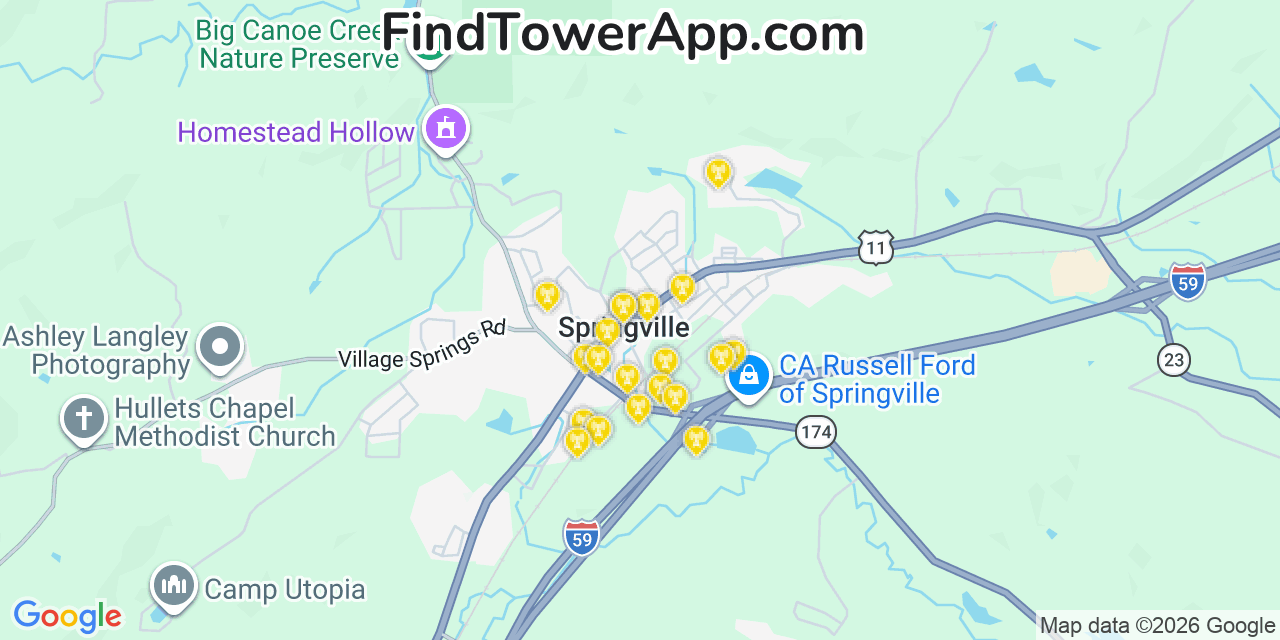 Map showing the 20 primary cell tower locations detected in Springville, Alabama from AT&T, Verizon, and T-Mobile networks