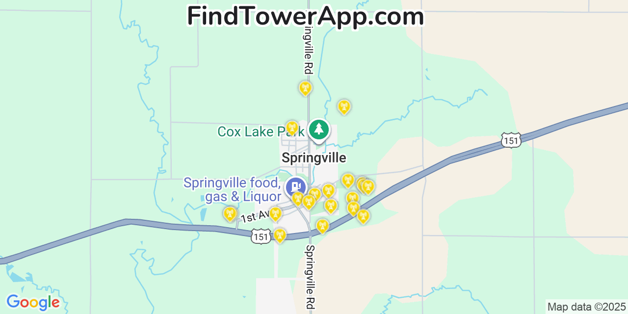 Map showing the 20 primary cell tower locations detected in Springville, Iowa from AT&T, Verizon, and T-Mobile networks