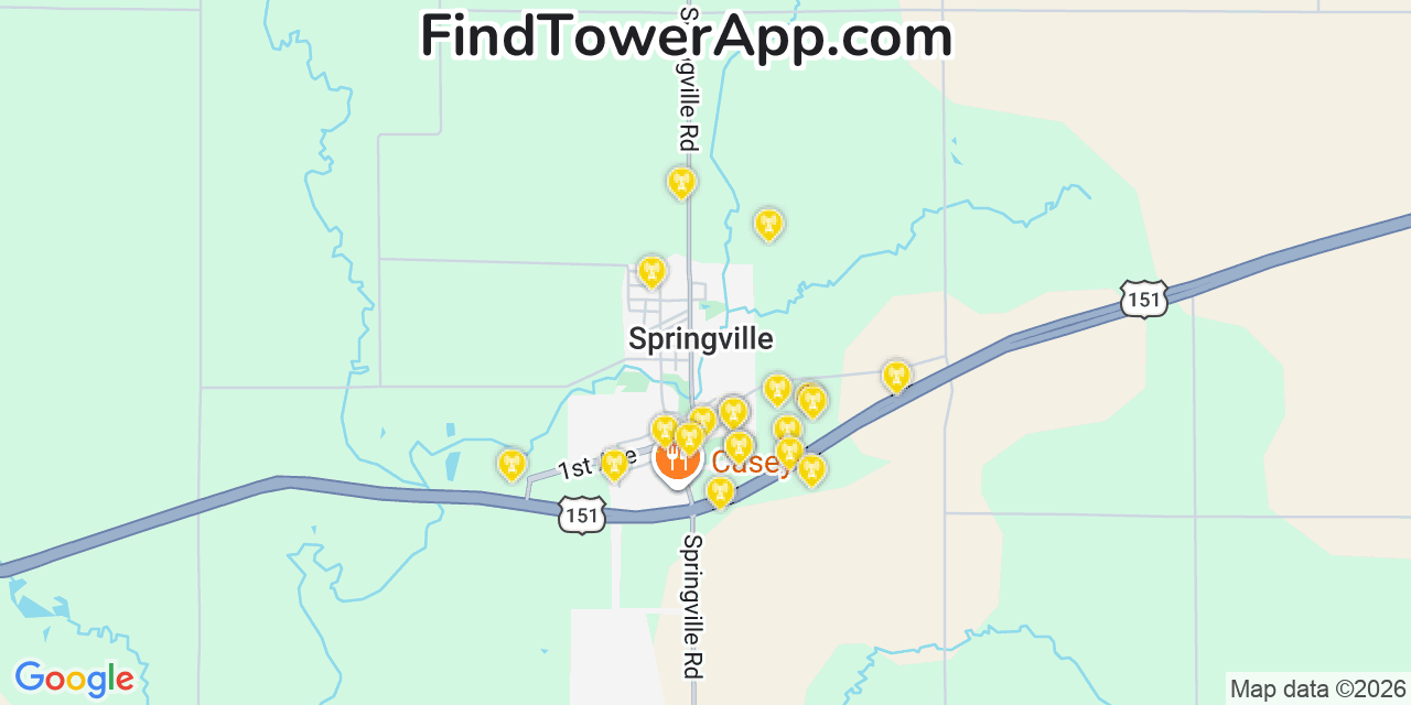 Map showing the 20 primary cell tower locations detected in Springville, Iowa from AT&T, Verizon, and T-Mobile networks