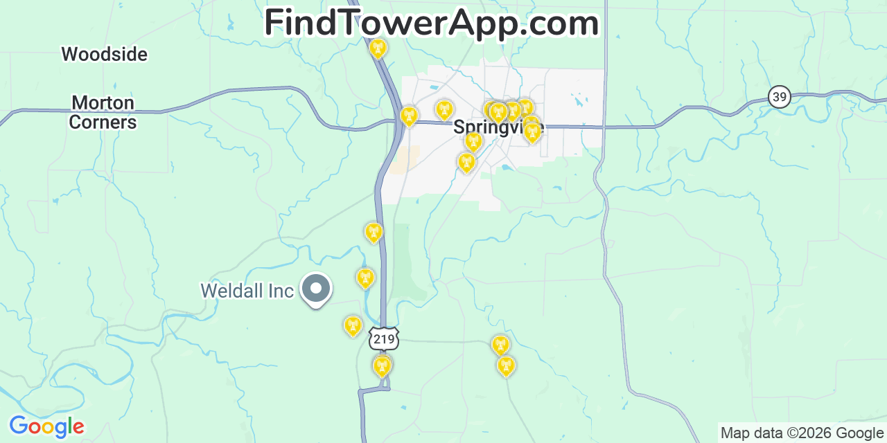 Map showing the 20 primary cell tower locations detected in Springville, New York from AT&T, Verizon, and T-Mobile networks