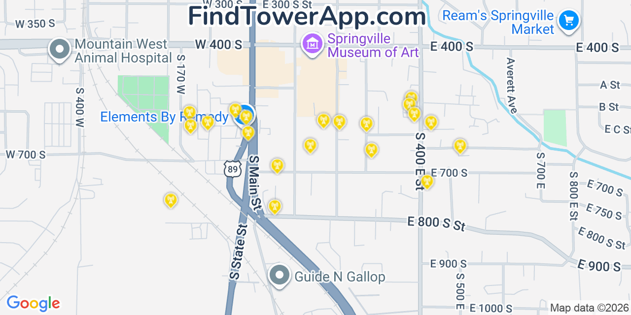 Map showing the 20 primary cell tower locations detected in Springville, Utah from AT&T, Verizon, and T-Mobile networks