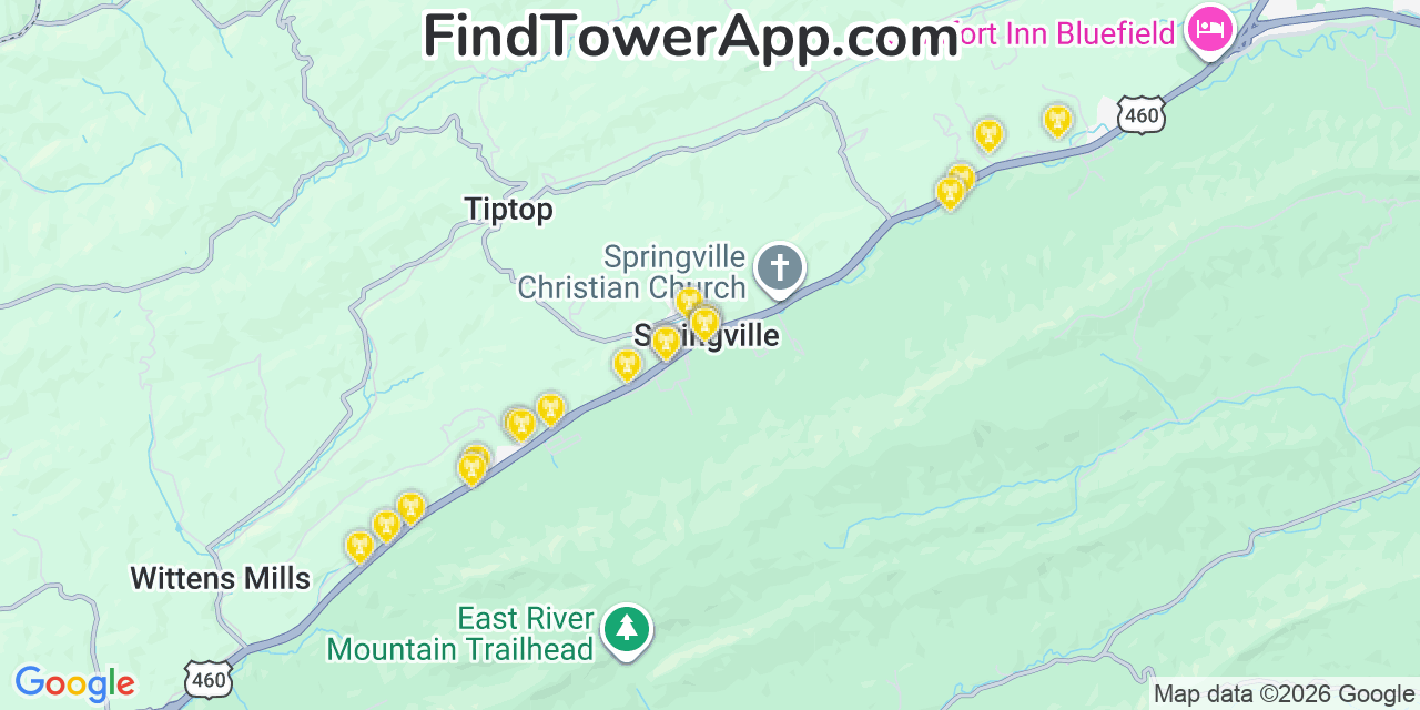 Map showing the 20 primary cell tower locations detected in Springville, Virginia from AT&T, Verizon, and T-Mobile networks