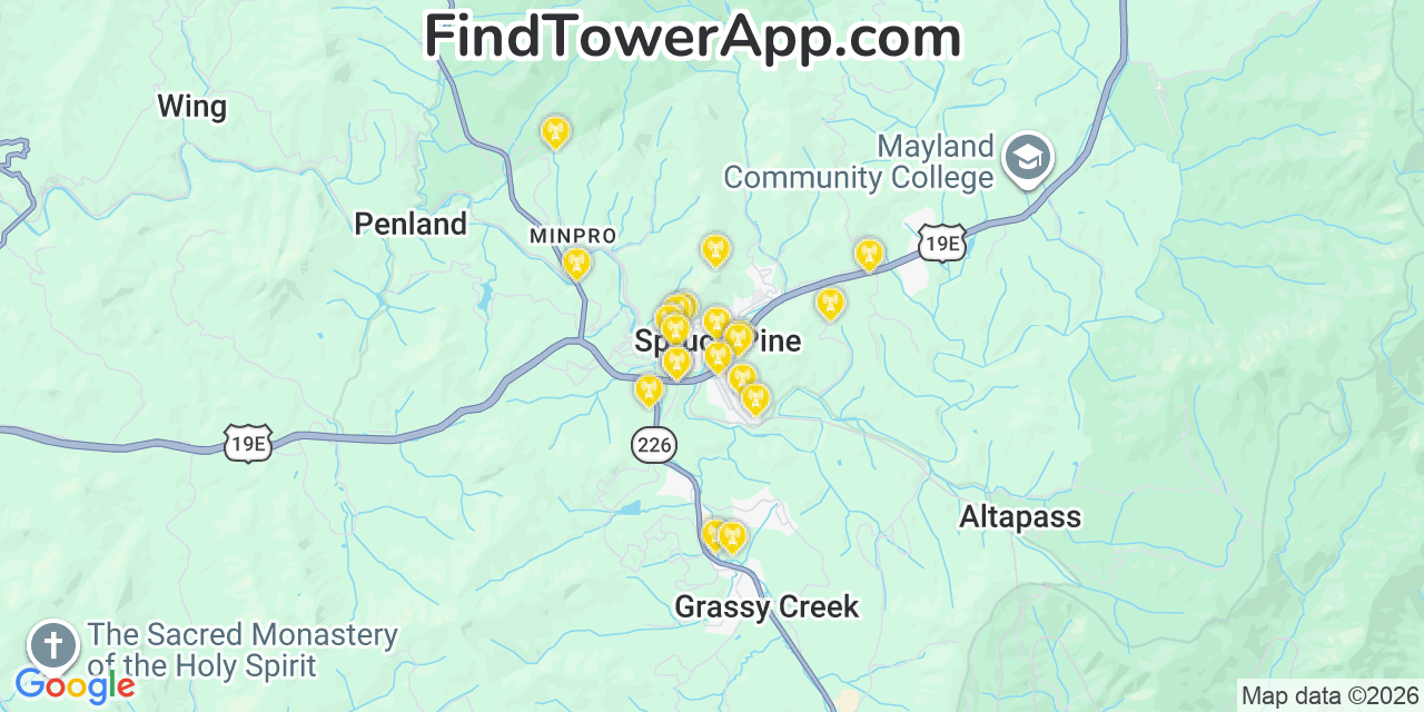 Map showing the 20 primary cell tower locations detected in Spruce Pine, North Carolina from AT&T, Verizon, and T-Mobile networks