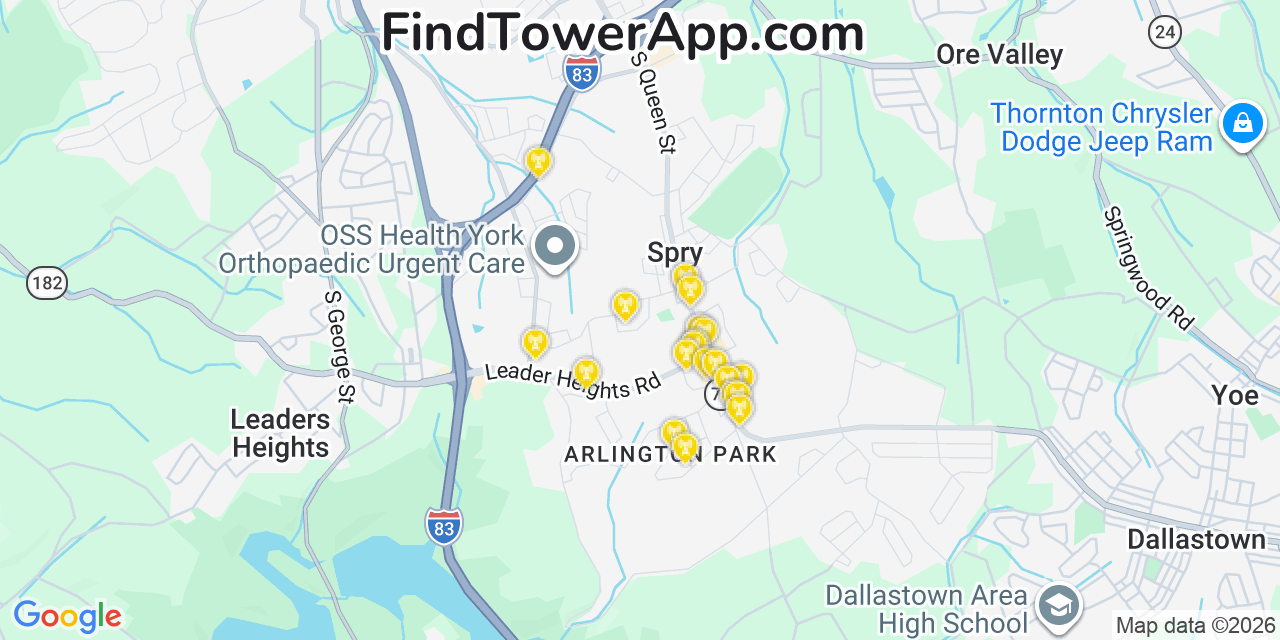 Map showing the 20 primary cell tower locations detected in Spry, Pennsylvania from AT&T, Verizon, and T-Mobile networks