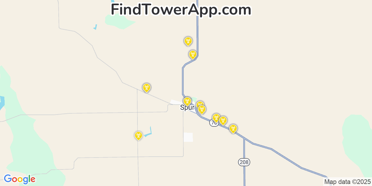 Map showing the 20 primary cell tower locations detected in Spur, Texas from AT&T, Verizon, and T-Mobile networks