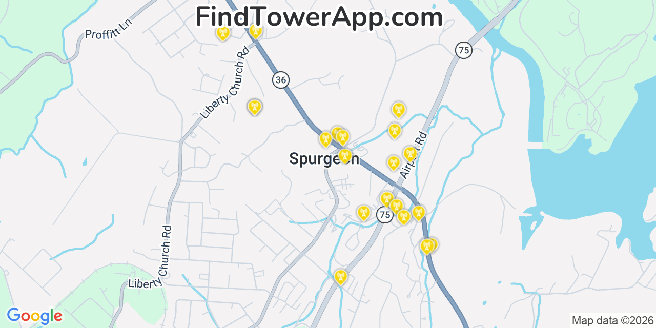 Map showing the 20 primary cell tower locations detected in Spurgeon, Tennessee from AT&T, Verizon, and T-Mobile networks