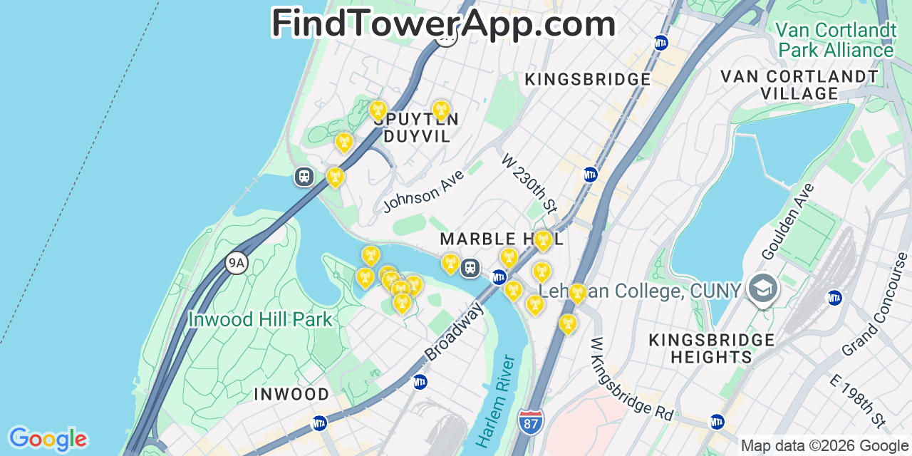 Map showing the 20 primary cell tower locations detected in Spuyten Duyvil, New York from AT&T, Verizon, and T-Mobile networks