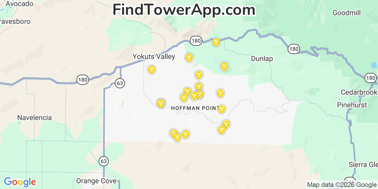 Map showing the 20 primary cell tower locations detected in Squaw Valley, California from AT&T, Verizon, and T-Mobile networks