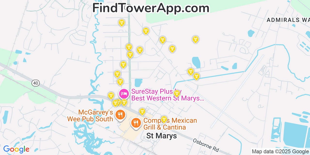 Map showing the 20 primary cell tower locations detected in St Marys, Georgia from AT&T, Verizon, and T-Mobile networks