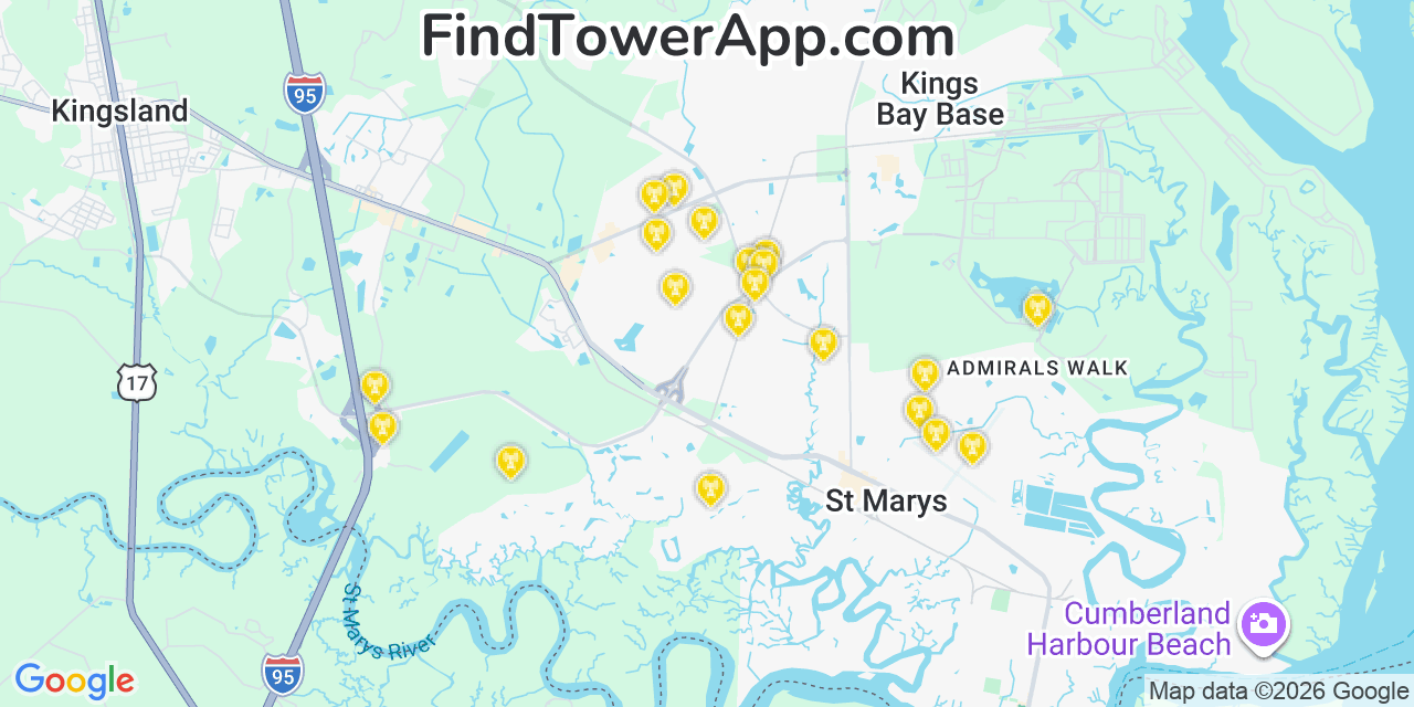 Map showing the 20 primary cell tower locations detected in St Marys, Georgia from AT&T, Verizon, and T-Mobile networks