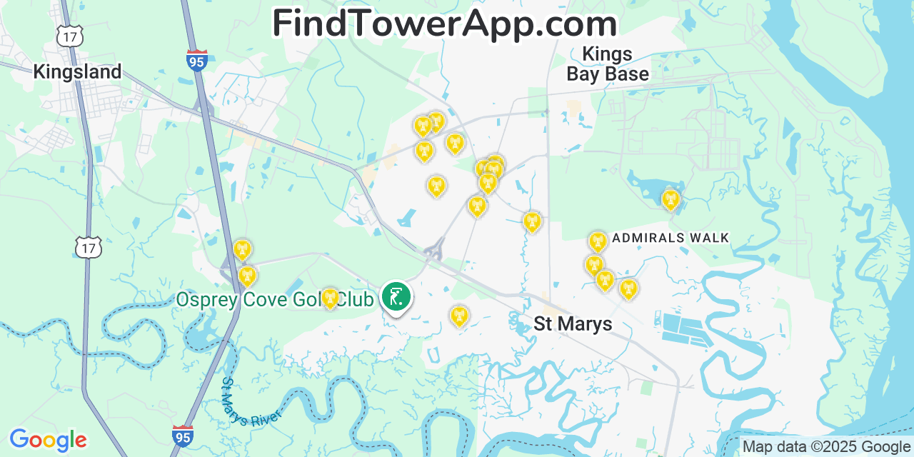 Map showing the 20 primary Mobitel cell tower locations detected in St Marys, Georgia with coverage radius and signal strength indicators