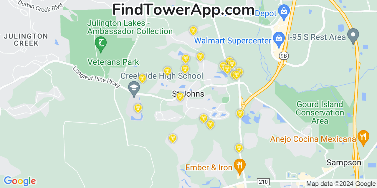 Verizon 4G/5G cell tower coverage map St. Johns, Florida