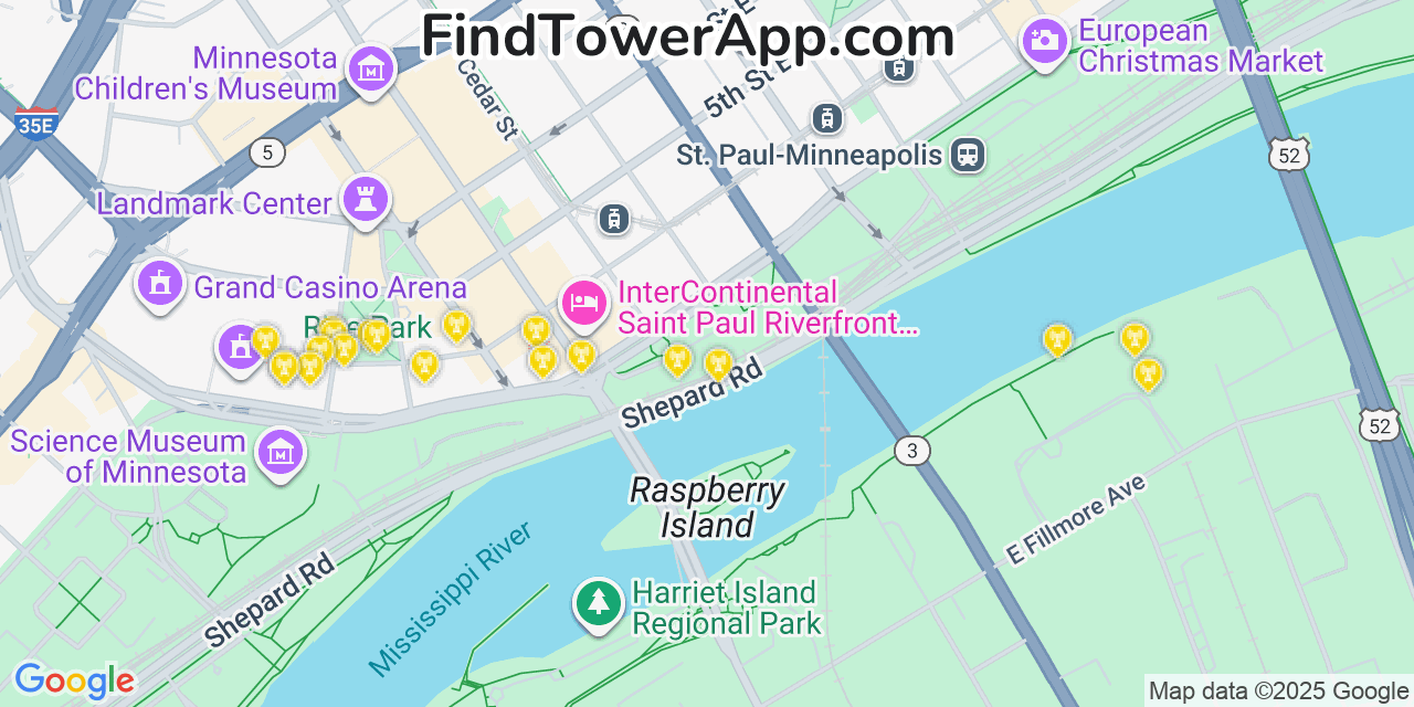 Map showing the 20 primary T-Mobile cell tower locations detected in St. Paul, Minnesota with coverage radius and signal strength indicators