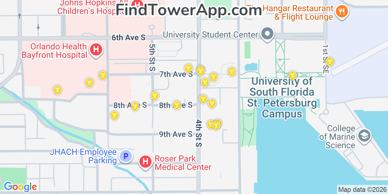 Map showing the 20 primary cell tower locations detected in St. Petersburg, Florida from AT&T, Verizon, and T-Mobile networks