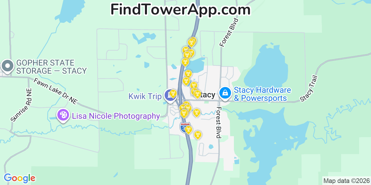 Map showing the 20 primary cell tower locations detected in Stacy, Minnesota from AT&T, Verizon, and T-Mobile networks