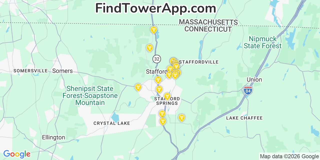Map showing the 20 primary cell tower locations detected in Stafford, Connecticut from AT&T, Verizon, and T-Mobile networks