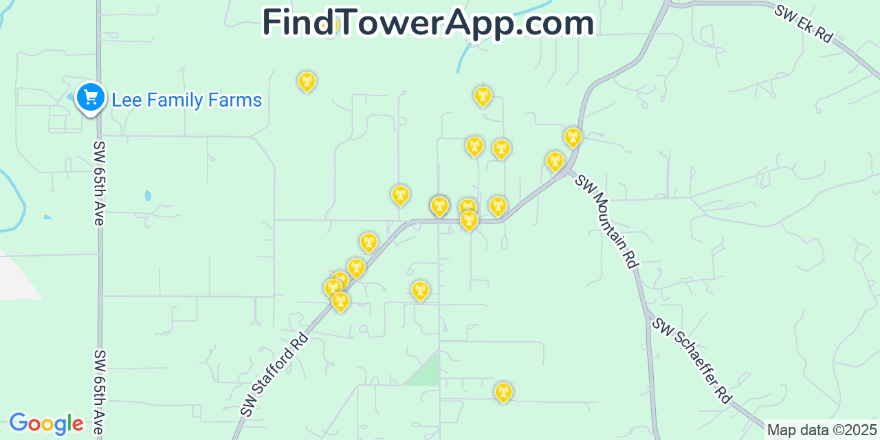 Map showing the 20 primary cell tower locations detected in Stafford, Oregon from AT&T, Verizon, and T-Mobile networks