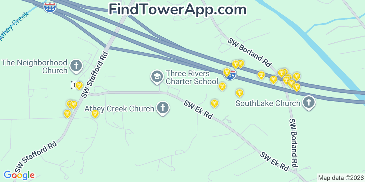 Map showing the 20 primary cell tower locations detected in Stafford, Oregon from AT&T, Verizon, and T-Mobile networks
