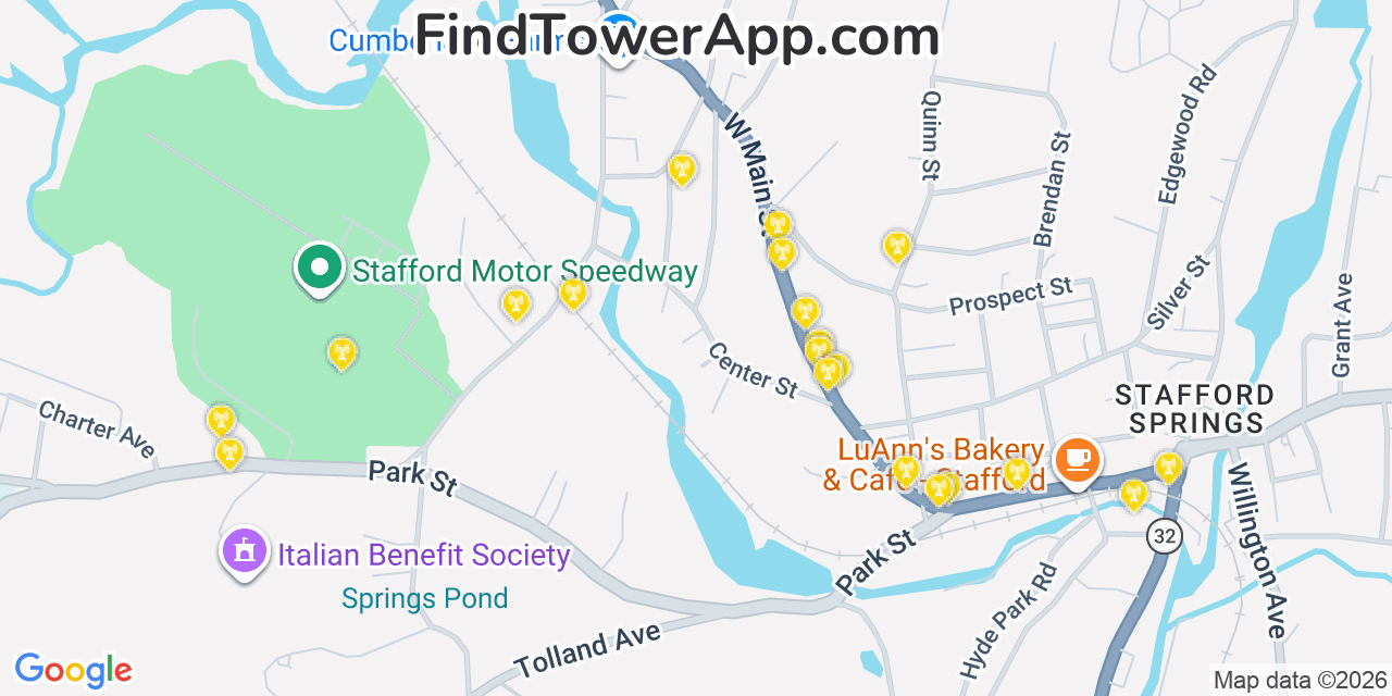 Map showing the 20 primary cell tower locations detected in Stafford Springs, Connecticut from AT&T, Verizon, and T-Mobile networks