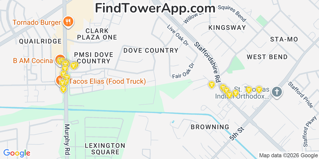 Map showing the 20 primary cell tower locations detected in Stafford, Texas from AT&T, Verizon, and T-Mobile networks