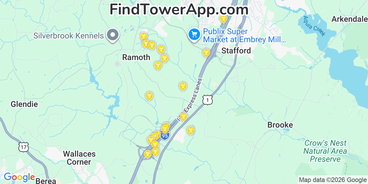 Map showing the 20 primary cell tower locations detected in Stafford, Virginia from AT&T, Verizon, and T-Mobile networks