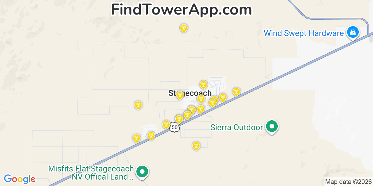 Map showing the 20 primary cell tower locations detected in Stagecoach, Nevada from AT&T, Verizon, and T-Mobile networks