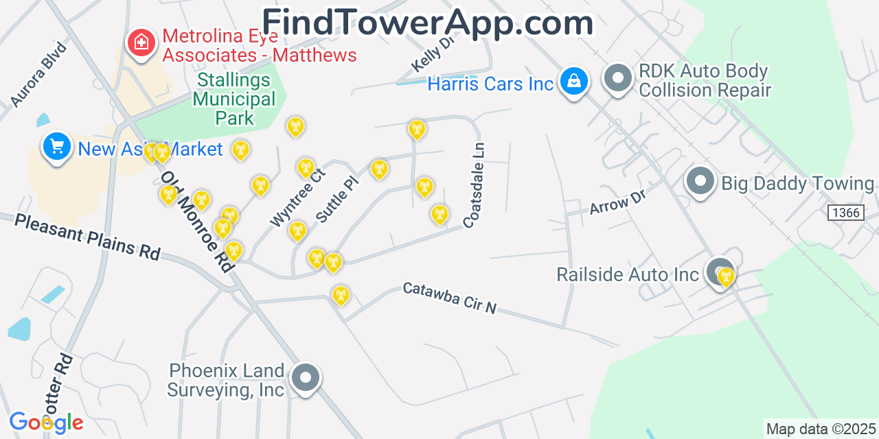 Map showing the 20 primary cell tower locations detected in Stallings, North Carolina from AT&T, Verizon, and T-Mobile networks