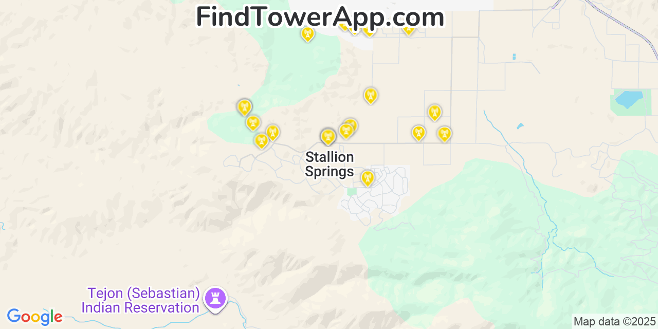 Map showing the 20 primary cell tower locations detected in Stallion Springs, California from AT&T, Verizon, and T-Mobile networks