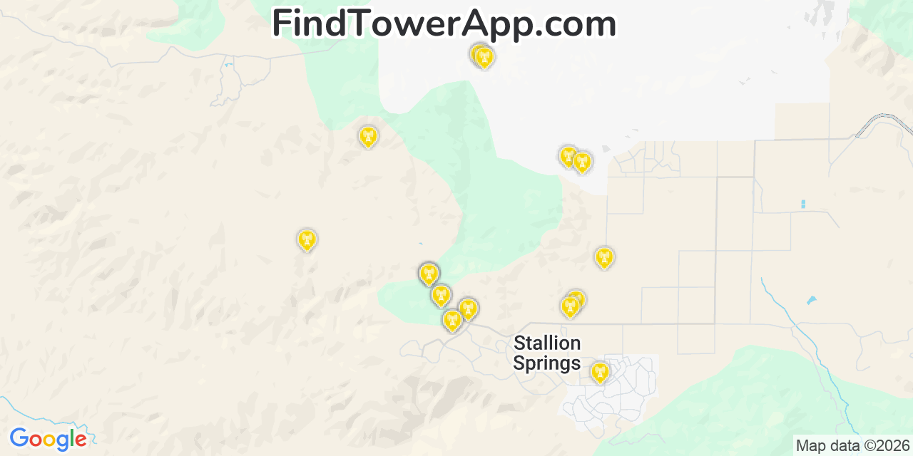 Map showing the 20 primary cell tower locations detected in Stallion Springs, California from AT&T, Verizon, and T-Mobile networks